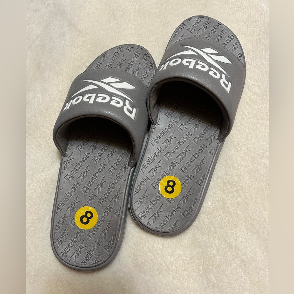 Reebok Gray Slide Sandals with White Logo ” New” Never Used! Unisex